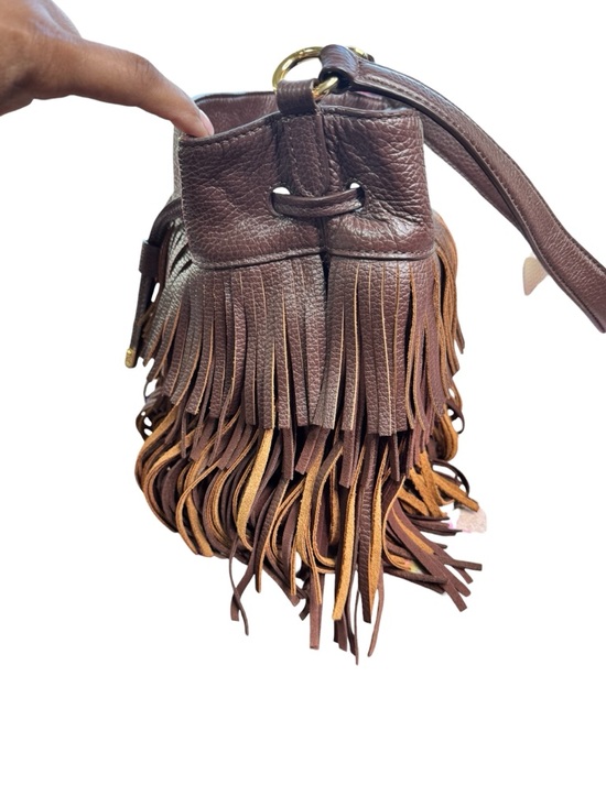 Lauren Ralph Lauren Fringe Leather Bucket Bag Brown Boho Western - Picture 3 of 11